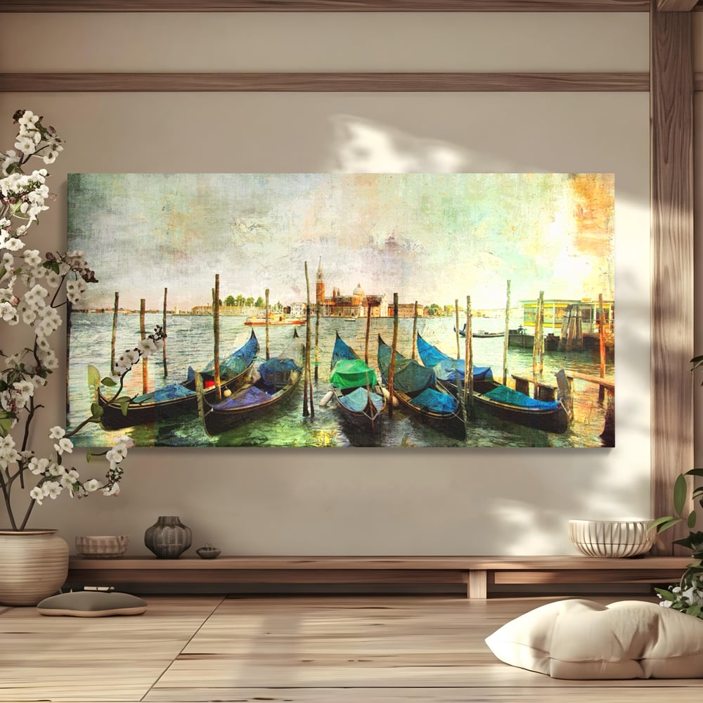 Tablou canvas cu pictura orizontala cu gondole in venetia, fara rama, pe sasiu de lemn